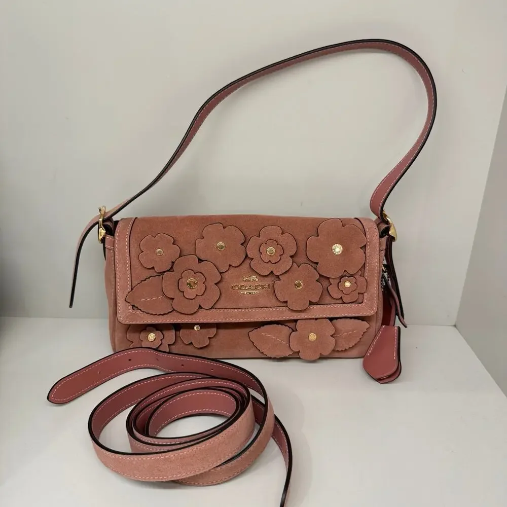 NEW‼️Coach Etta Small Flap Shoulder Bag With Floral Applique CEU02 Blush Pink